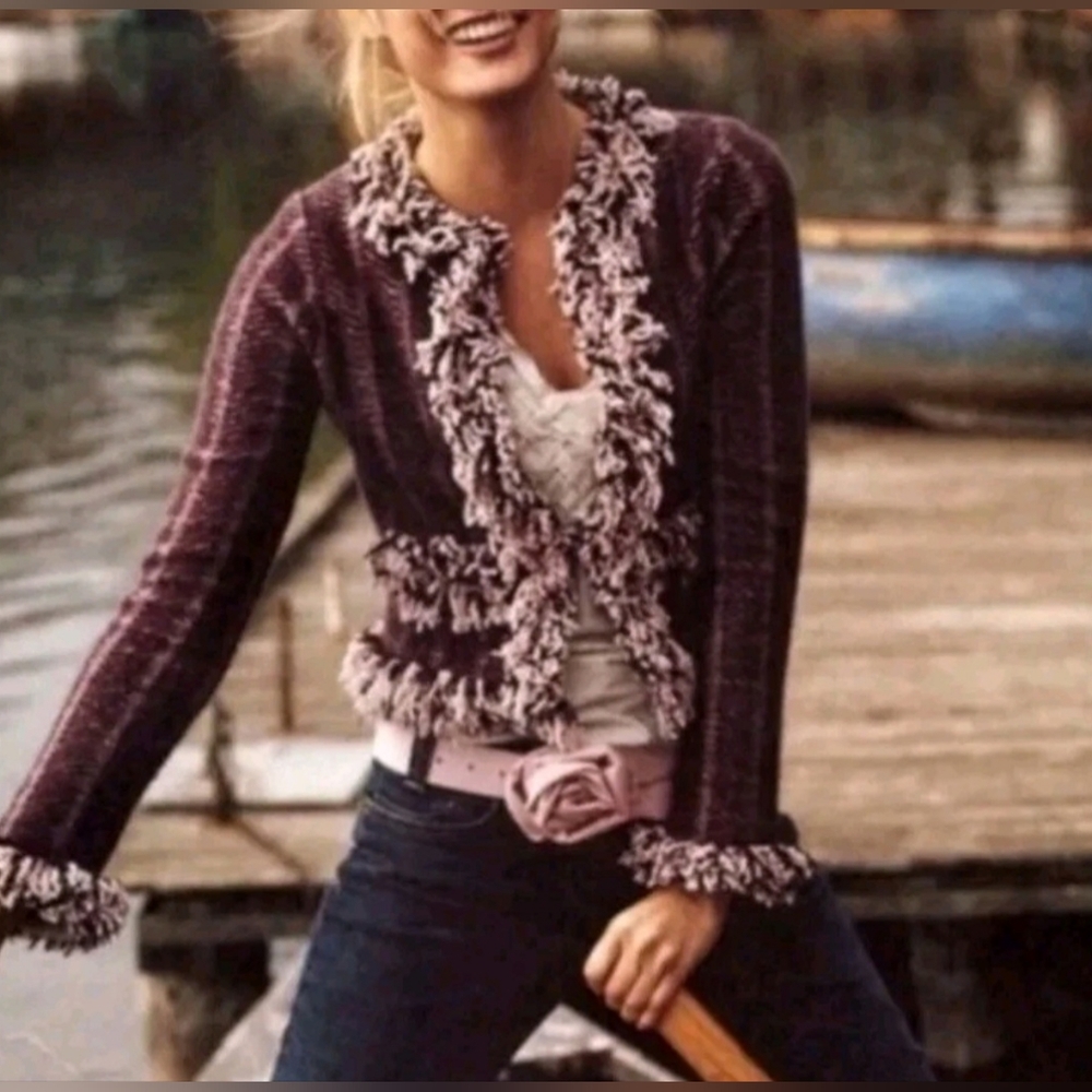 Anthropologie HWR Monogram Purple Herringbone Fringed Cardigan - Picture 2 of 8
